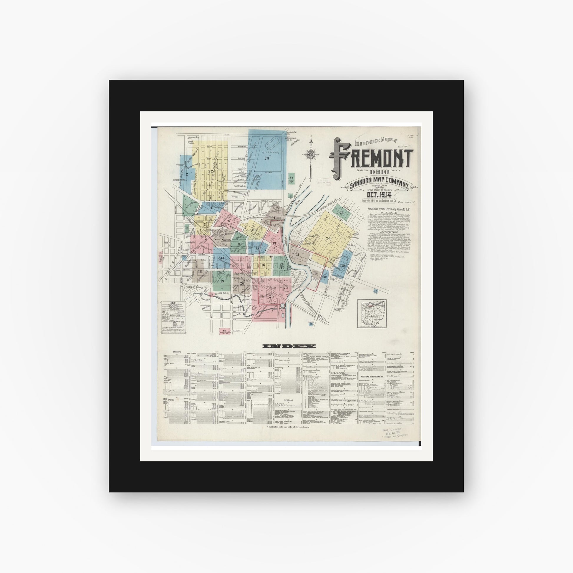 Old map wall art mockup — black gallery frame with white mat — Sanborn Fire Insurance Map from Fremont, Sandusky County, Ohio (1914), Sheet #0001
