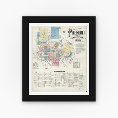 Old map wall art mockup — black gallery frame with white mat — Sanborn Fire Insurance Map from Fremont, Sandusky County, Ohio (1914), Sheet #0001