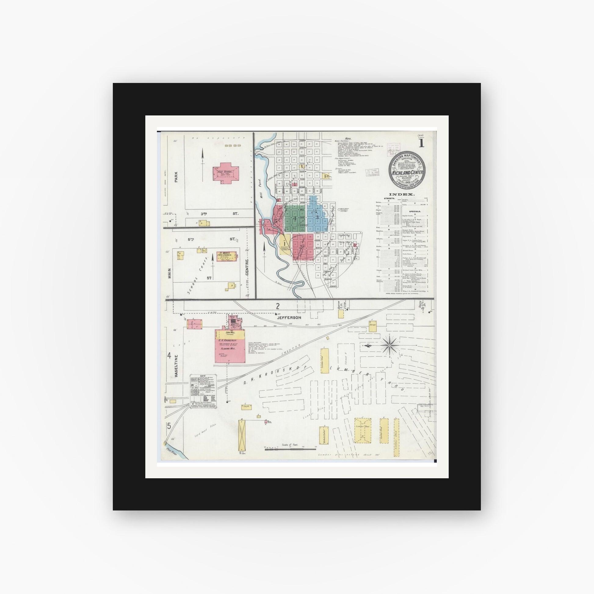 Old map wall art mockup — black gallery frame with white mat — Sanborn Fire Insurance Map from Richland Center, Richland County, Wisconsin (1905) - Complete Map Set