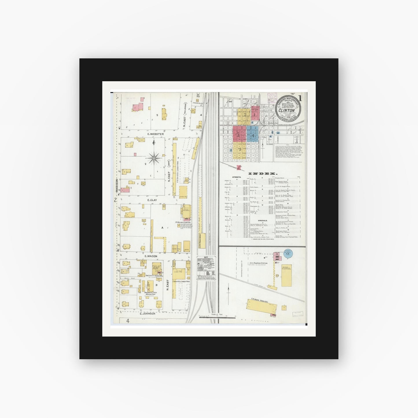 Old map wall art mockup — black gallery frame with white mat — Sanborn Fire Insurance Map from Clinton, De Witt County, Illinois (1904) - Complete Map Set