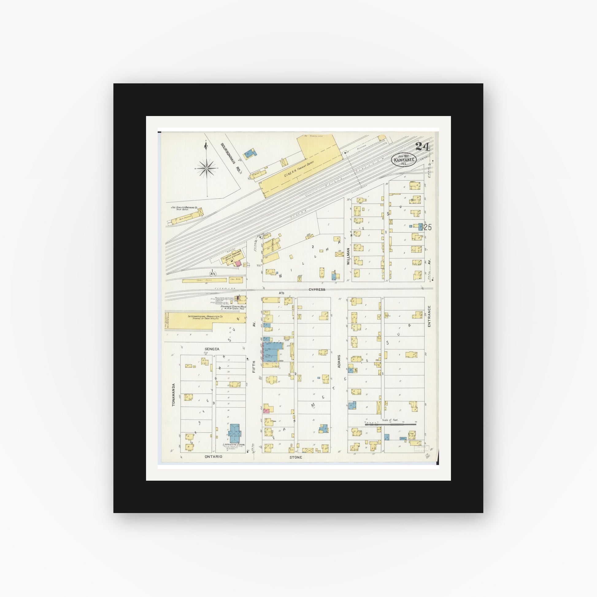 Old map wall art mockup — black gallery frame with white mat — Sanborn Fire Insurance Map from Kankakee, Kankakee County, Illinois (1907), Sheet #0024