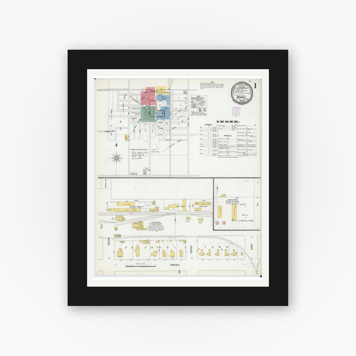 Old map wall art mockup — black gallery frame with white mat — Sanborn Fire Insurance Map from Waverly, Morgan County, Illinois (1901), Sheet #0001