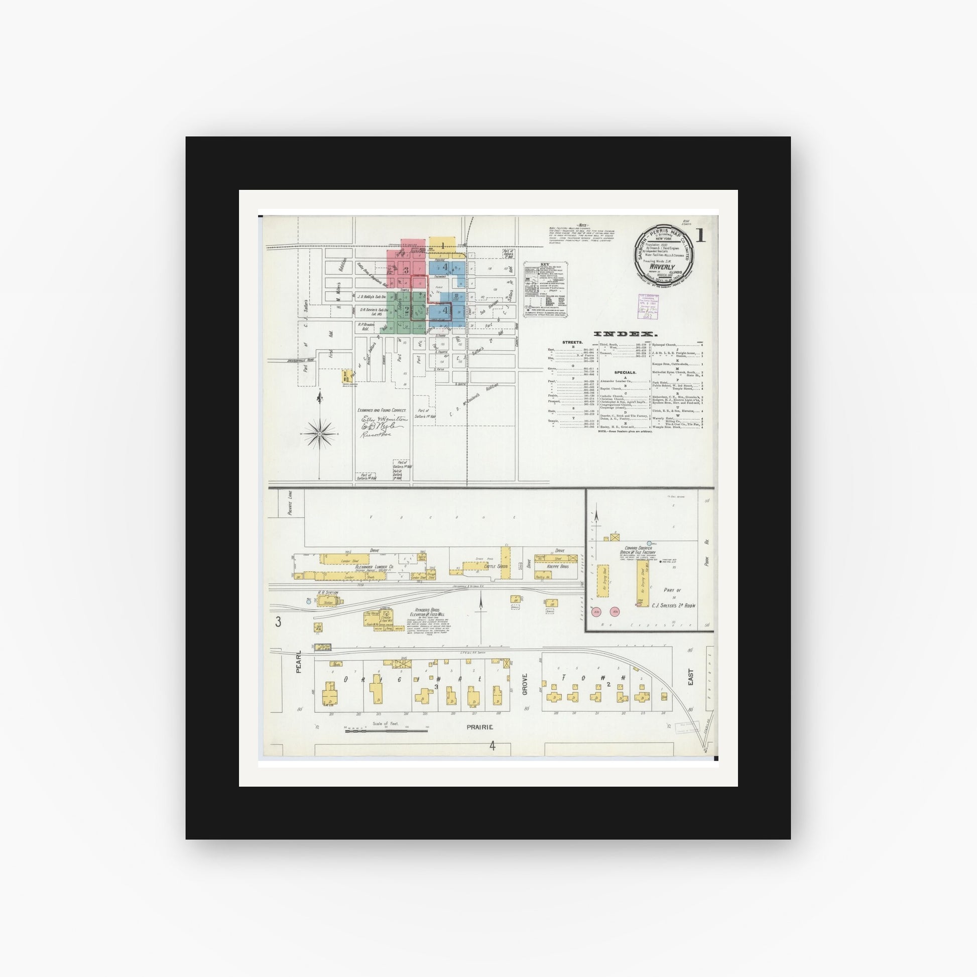 Old map wall art mockup — black gallery frame with white mat — Sanborn Fire Insurance Map from Waverly, Morgan County, Illinois (1901), Sheet #0001