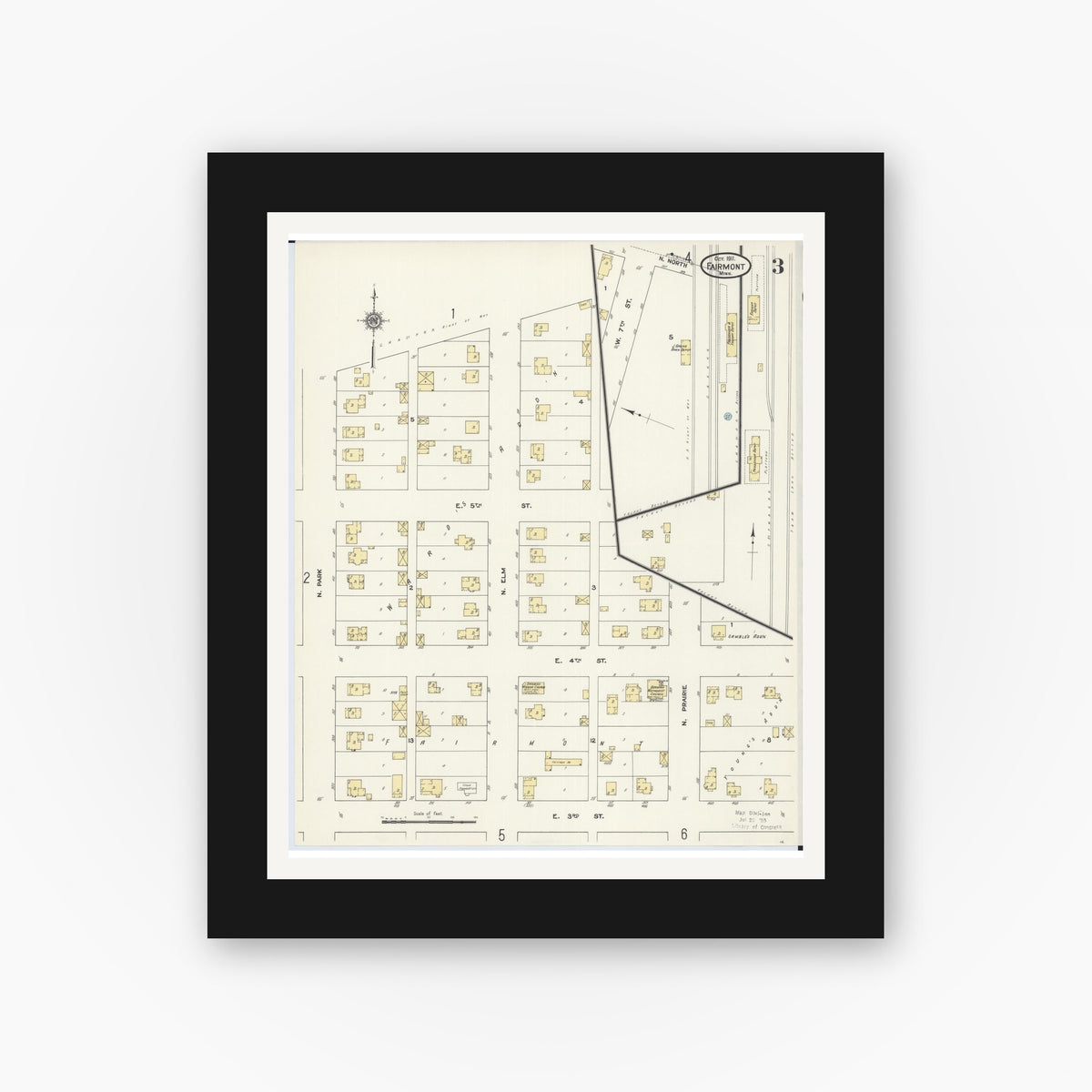 Old map wall art mockup — black gallery frame with white mat — Sanborn Fire Insurance Map from Fairmont, Martin County, Minnesota (1911), Sheet #0003