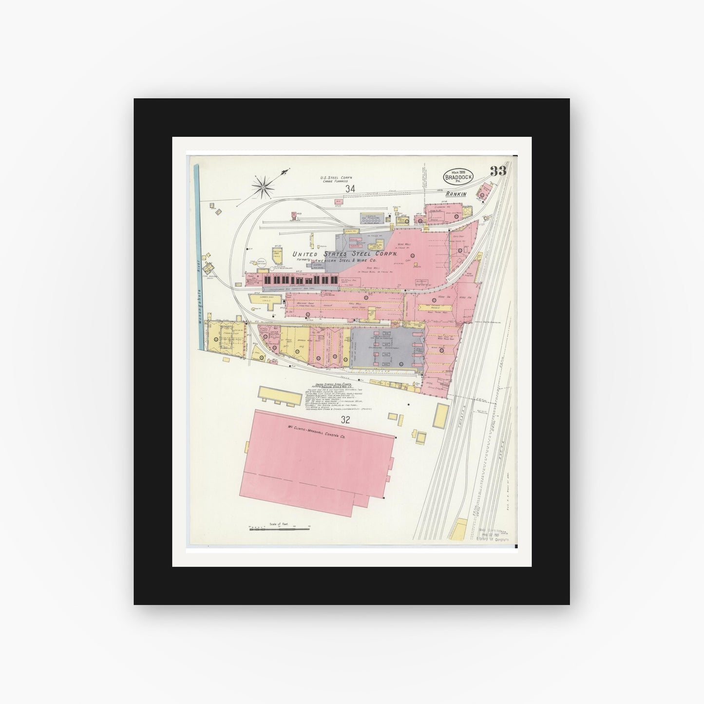 Old map wall art mockup — black gallery frame with white mat — Sanborn Fire Insurance Map from Braddock, Allegheny County, Pennsylvania (1908), Sheet #0033