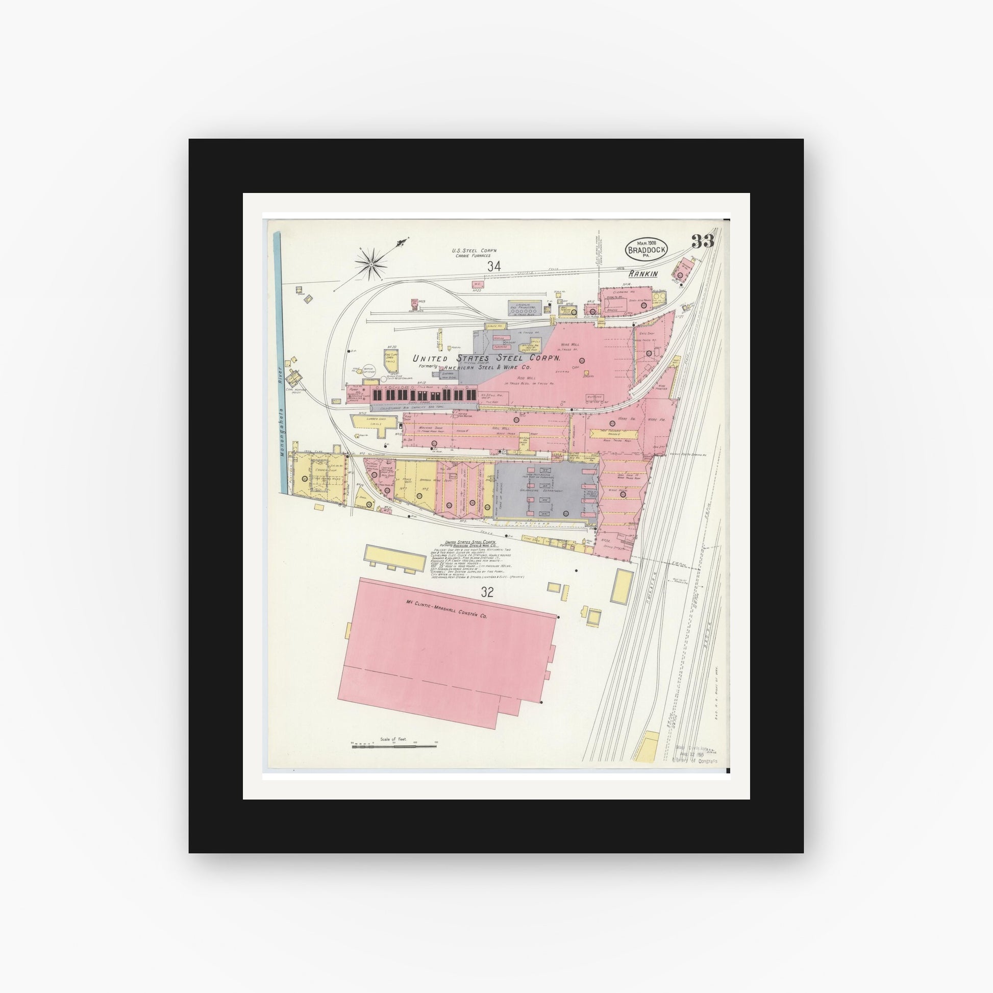 Old map wall art mockup — black gallery frame with white mat — Sanborn Fire Insurance Map from Braddock, Allegheny County, Pennsylvania (1908), Sheet #0033
