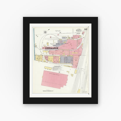 Old map wall art mockup — black gallery frame with white mat — Sanborn Fire Insurance Map from Braddock, Allegheny County, Pennsylvania (1908), Sheet #0033
