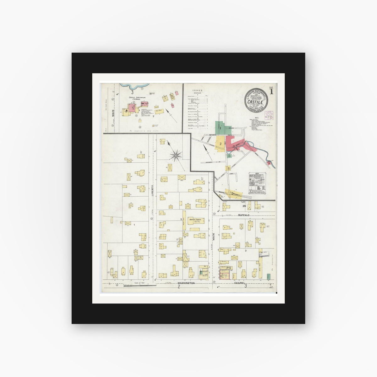 Old map wall art mockup — black gallery frame with white mat — Sanborn Fire Insurance Map from Castile, Wyoming County, New York (1905) - Complete Map Set