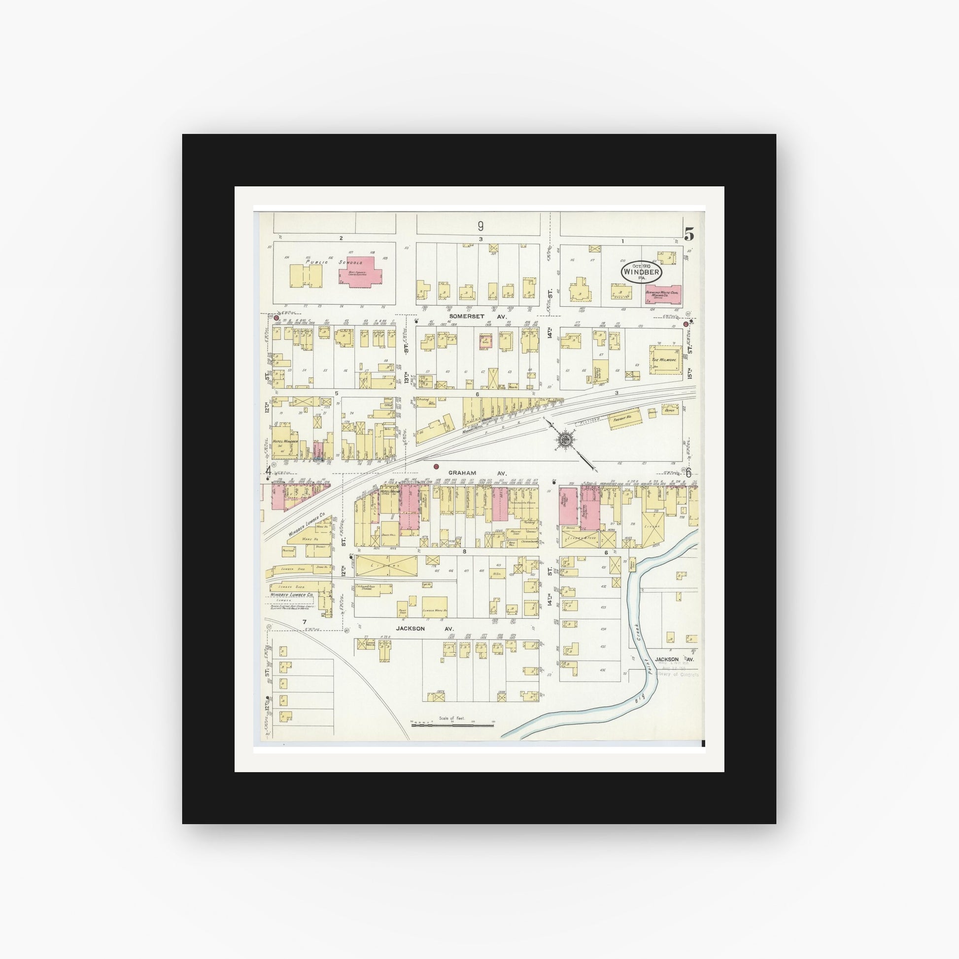 Old map wall art mockup — black gallery frame with white mat — Sanborn Fire Insurance Map from Windber, Somerset County, Pennsylvania (1910), Sheet #0005