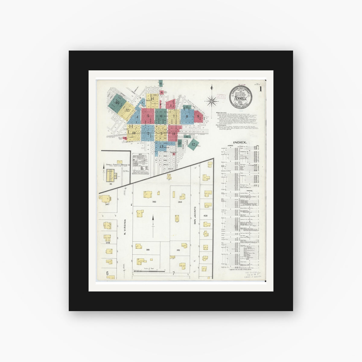 Old map wall art mockup — black gallery frame with white mat — Sanborn Fire Insurance Map from Terrell, Kaufman County, Texas (1909) - Complete Map Set