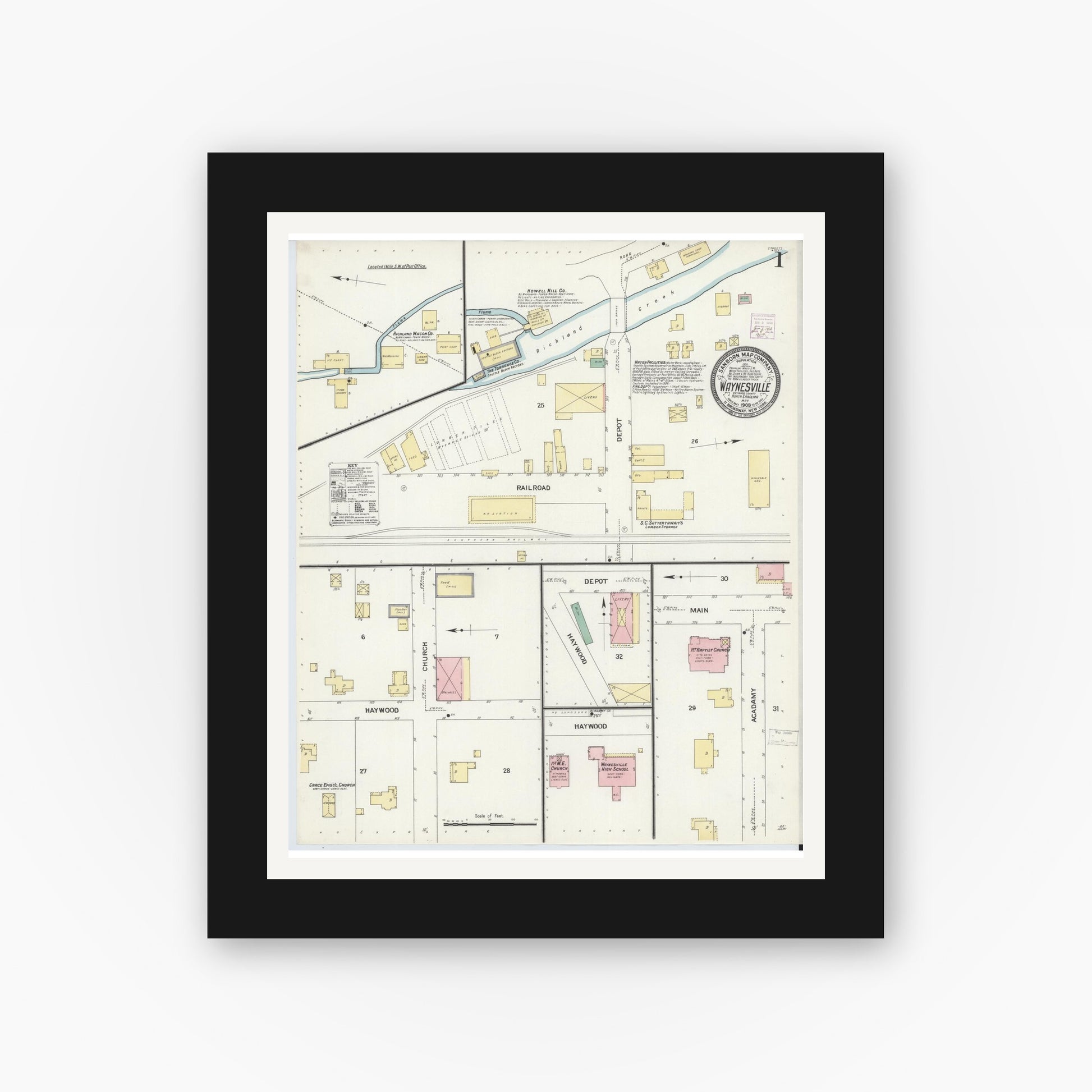 Old map wall art mockup — black gallery frame with white mat — Sanborn Fire Insurance Map from Waynesville, Haywood County, North Carolina (1908), Sheet #0001
