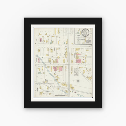 Old map wall art mockup — black gallery frame with white mat — Sanborn Fire Insurance Map from Gilman, Iroquois County, Illinois (1897), Sheet #0001