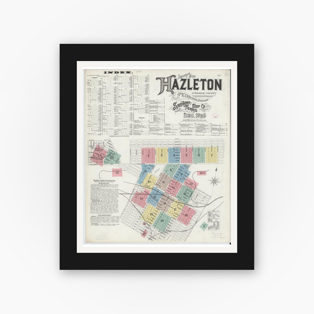 Old map wall art mockup — black gallery frame with white mat — Sanborn Fire Insurance Map from Hazleton, Luzerne County, Pennsylvania (1895), Sheet #0001