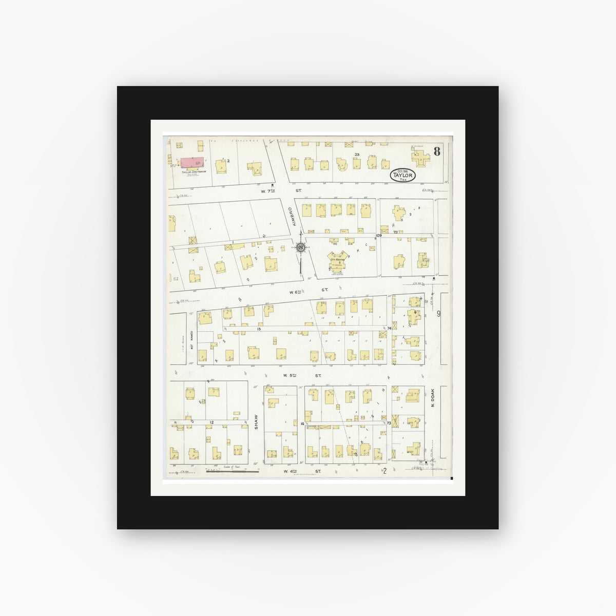 Old map wall art mockup — black gallery frame with white mat — Sanborn Fire Insurance Map from Taylor, Williamson County, Texas (1916), Sheet #0008