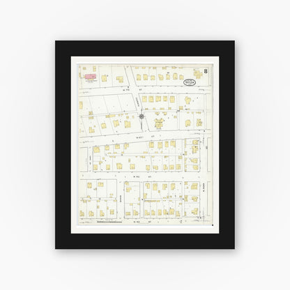Old map wall art mockup — black gallery frame with white mat — Sanborn Fire Insurance Map from Taylor, Williamson County, Texas (1916), Sheet #0008