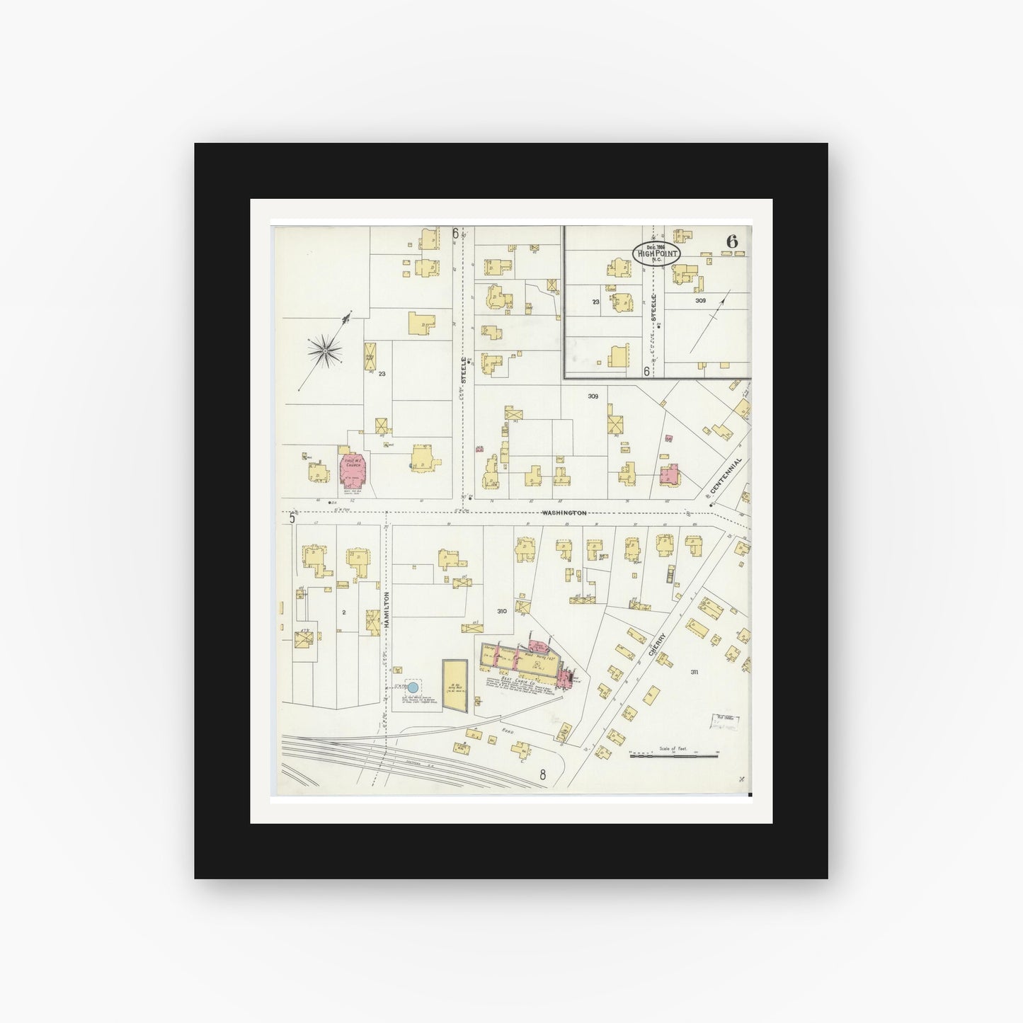 Old map wall art mockup — black gallery frame with white mat — Sanborn Fire Insurance Map from High Point, Guilford County, North Carolina (1906), Sheet #0006