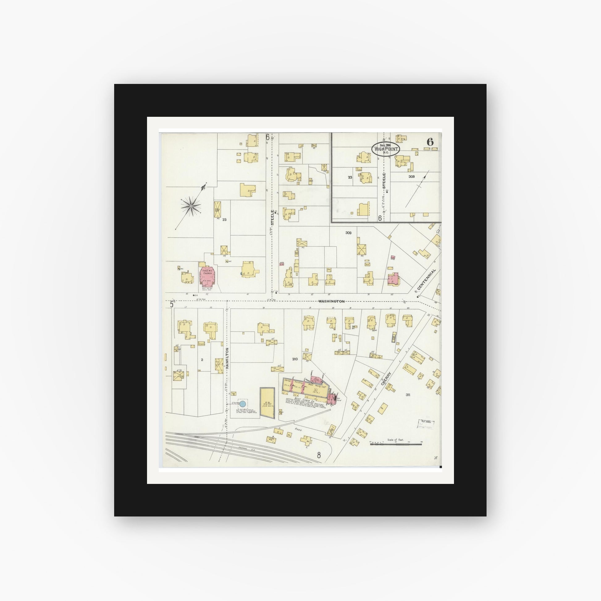 Old map wall art mockup — black gallery frame with white mat — Sanborn Fire Insurance Map from High Point, Guilford County, North Carolina (1906), Sheet #0006