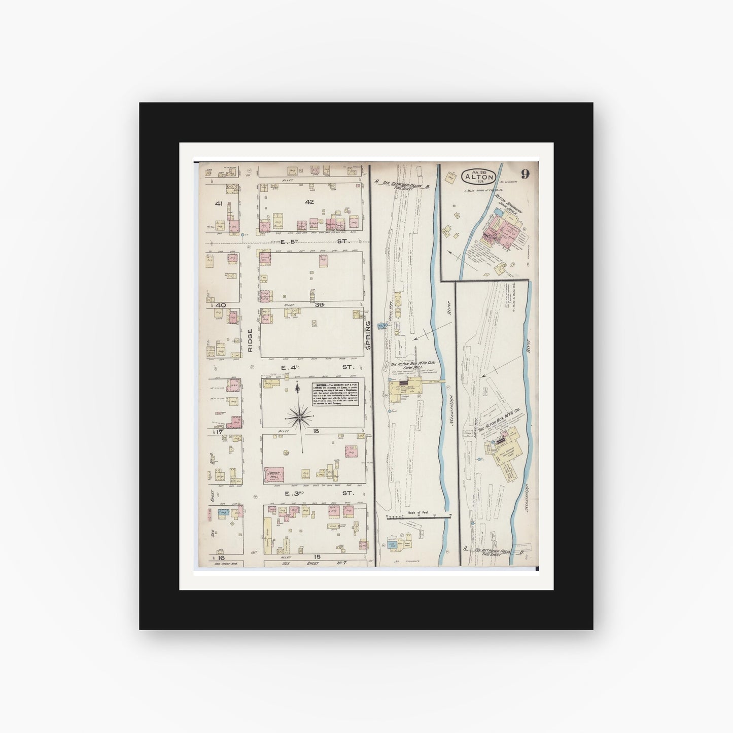 Old map wall art mockup — black gallery frame with white mat — Sanborn Fire Insurance Map from Alton, Madison County, Illinois (1885), Sheet #0009