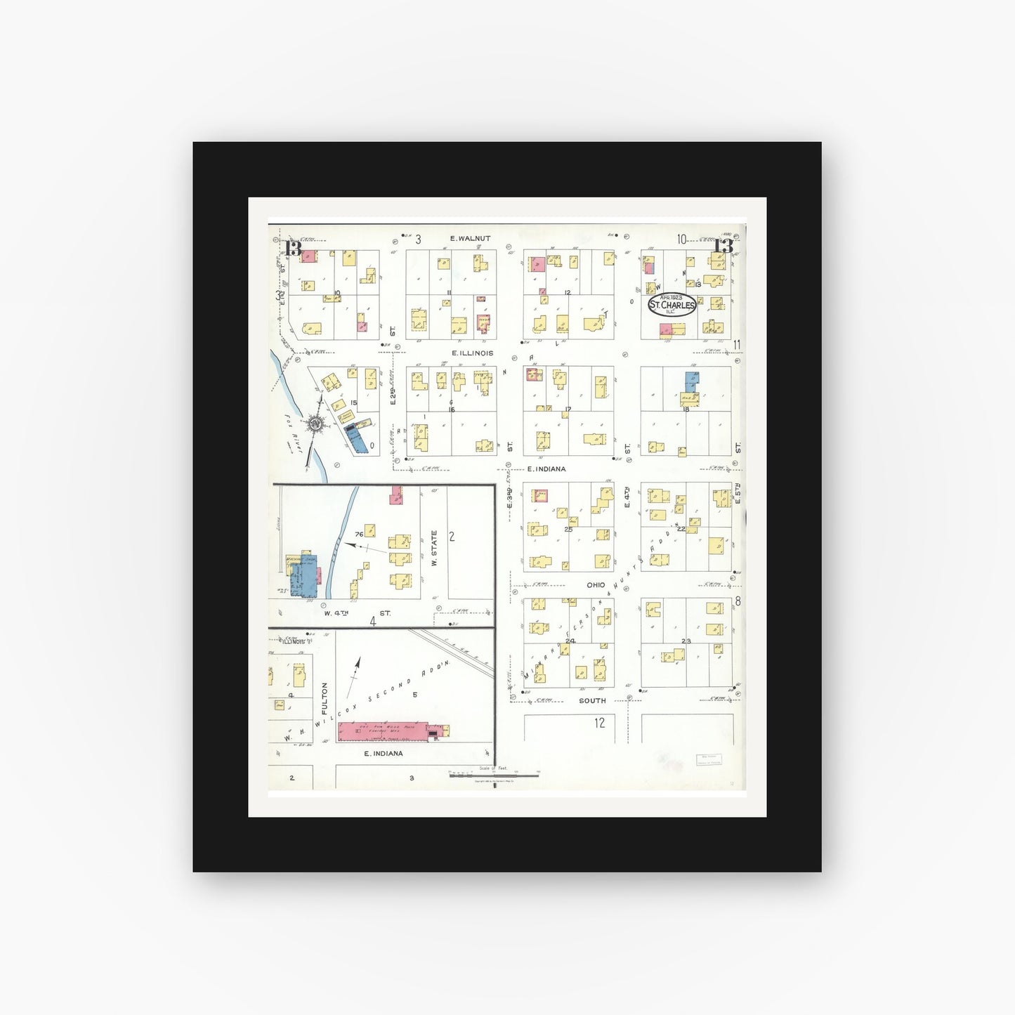 Old map wall art mockup — black gallery frame with white mat — Sanborn Fire Insurance Map from Saint Charles, Kane County, Illinois (1923), Sheet #0013