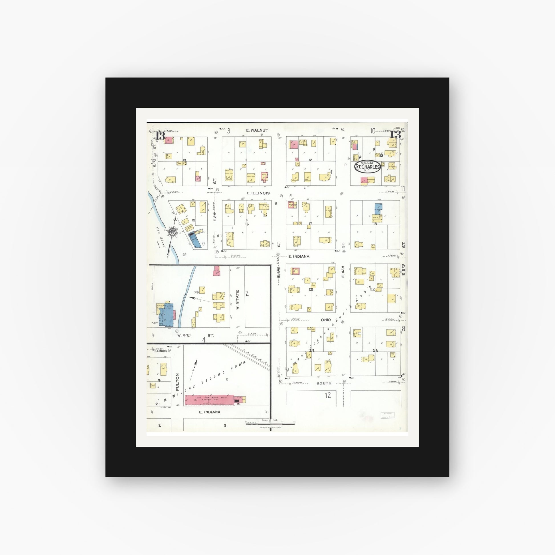 Old map wall art mockup — black gallery frame with white mat — Sanborn Fire Insurance Map from Saint Charles, Kane County, Illinois (1923), Sheet #0013