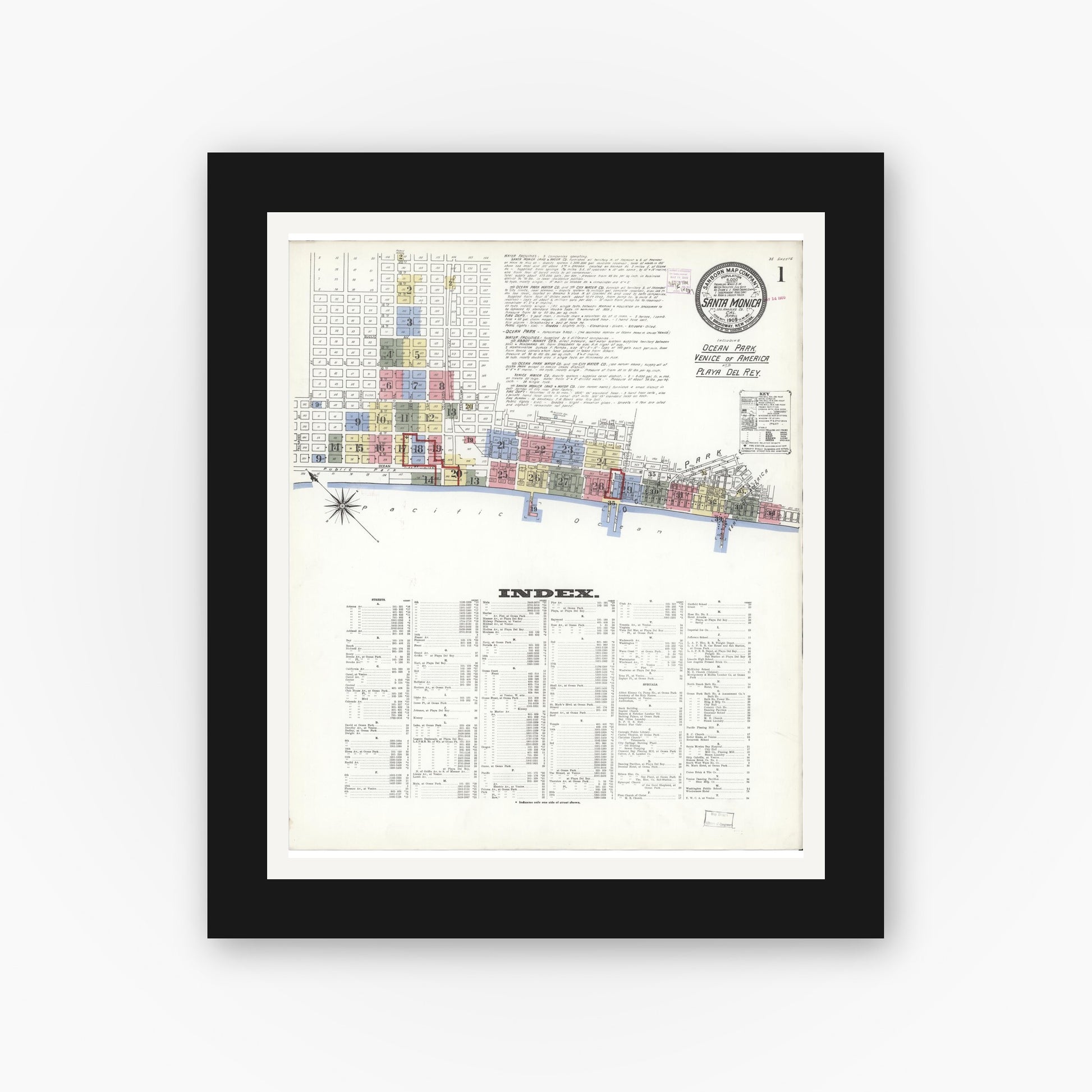 Old map wall art mockup — black gallery frame with white mat — Sanborn Fire Insurance Map from Santa Monica, Los Angeles County, California (1909) - Complete Map Set