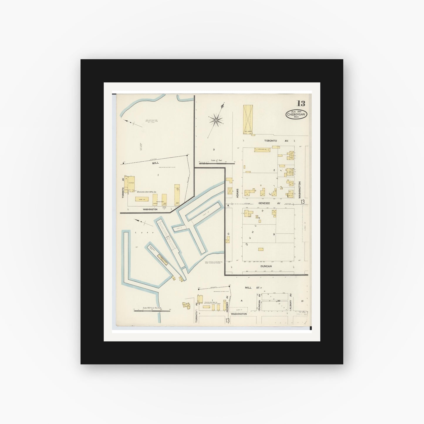 Old map wall art mockup — black gallery frame with white mat — Sanborn Fire Insurance Map from Cheboygan, Cheboygan County, Michigan (1907), Sheet #0013