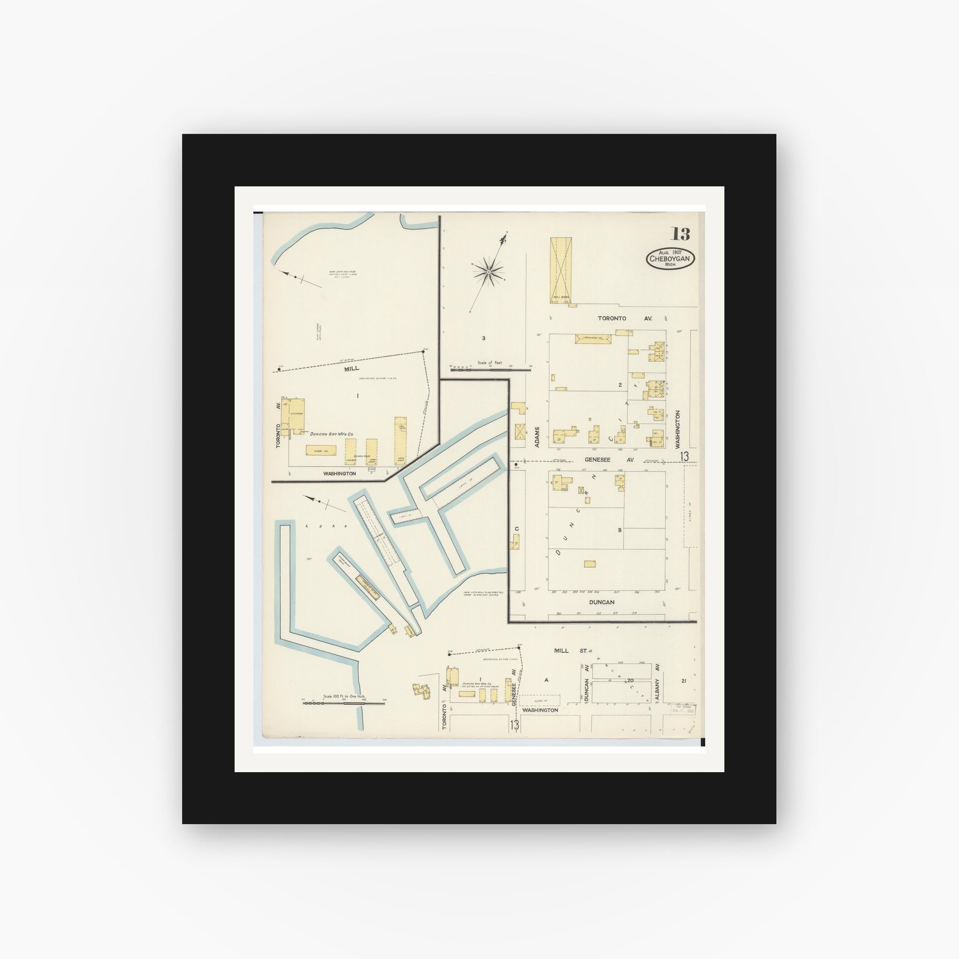 Old map wall art mockup — black gallery frame with white mat — Sanborn Fire Insurance Map from Cheboygan, Cheboygan County, Michigan (1907), Sheet #0013