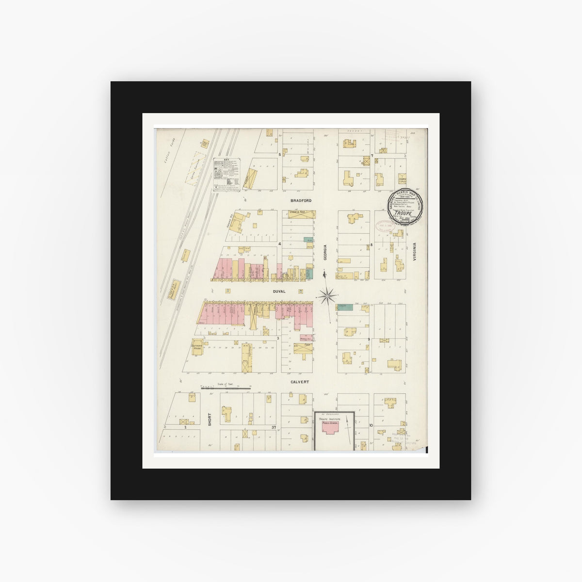 Old map wall art mockup — black gallery frame with white mat — Sanborn Fire Insurance Map from Troup, Smith County, Texas (1899), Sheet #0001