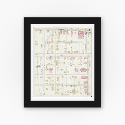 Old map wall art mockup — black gallery frame with white mat — Sanborn Fire Insurance Map from Piqua, Miami County, Ohio (1892), Sheet #0011