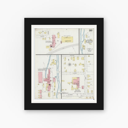 Old map wall art mockup — black gallery frame with white mat — Sanborn Fire Insurance Map from Pittsfield, Berkshire County, Massachusetts (1895), Sheet #0020