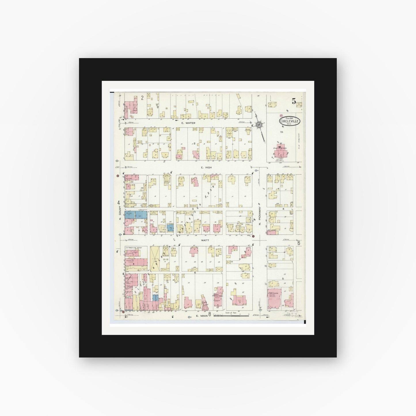 Old map wall art mockup — black gallery frame with white mat — Sanborn Fire Insurance Map from Circleville, Pickaway County, Ohio (1914), Sheet #0005
