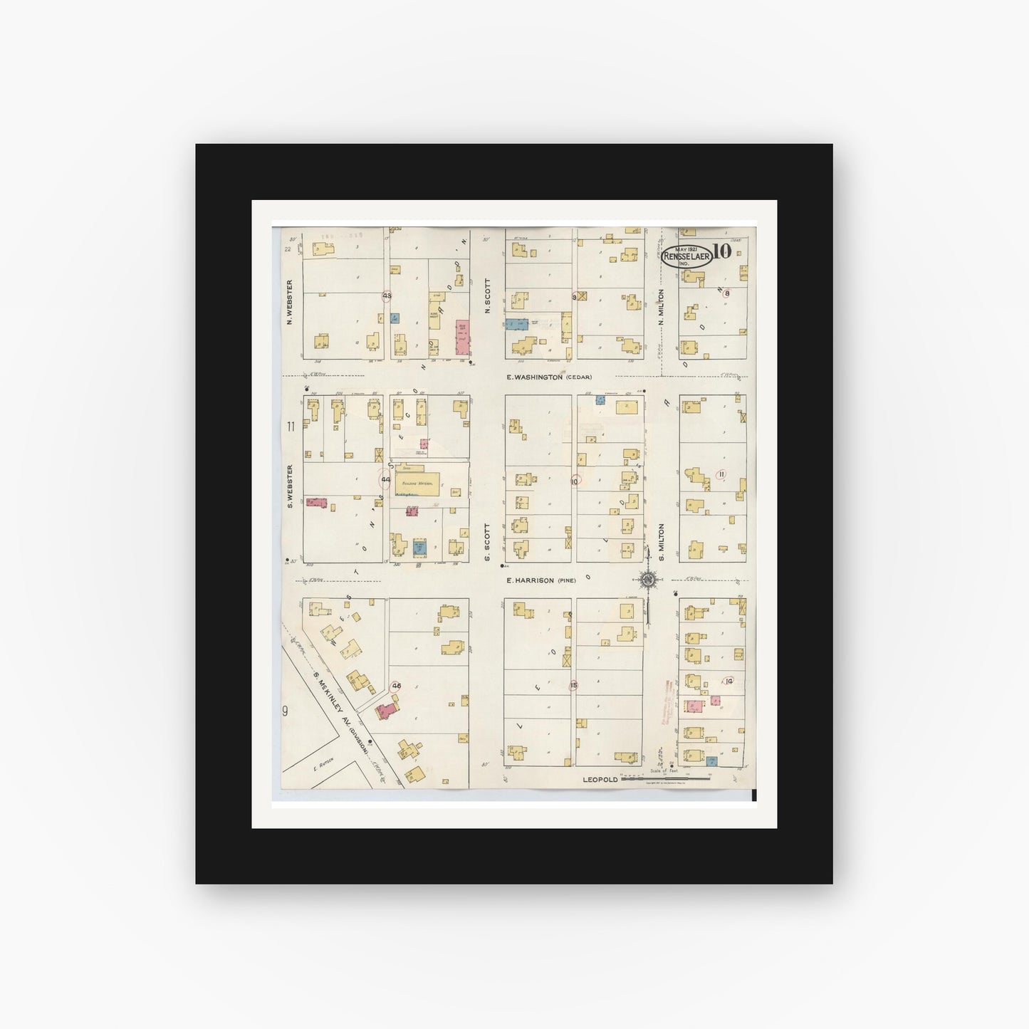 Old map wall art mockup — black gallery frame with white mat — Sanborn Fire Insurance Map from Rensselaer, Jasper County, Indiana (1942), Sheet #0010