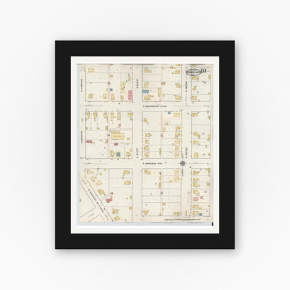 Old map wall art mockup — black gallery frame with white mat — Sanborn Fire Insurance Map from Rensselaer, Jasper County, Indiana (1942), Sheet #0010