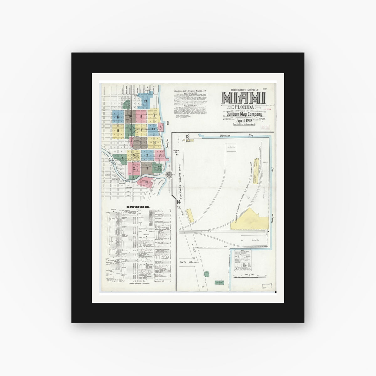 Old map wall art mockup — black gallery frame with white mat — Sanborn Fire Insurance Map from Miami, Dade County, Florida (1910), Sheet #0001