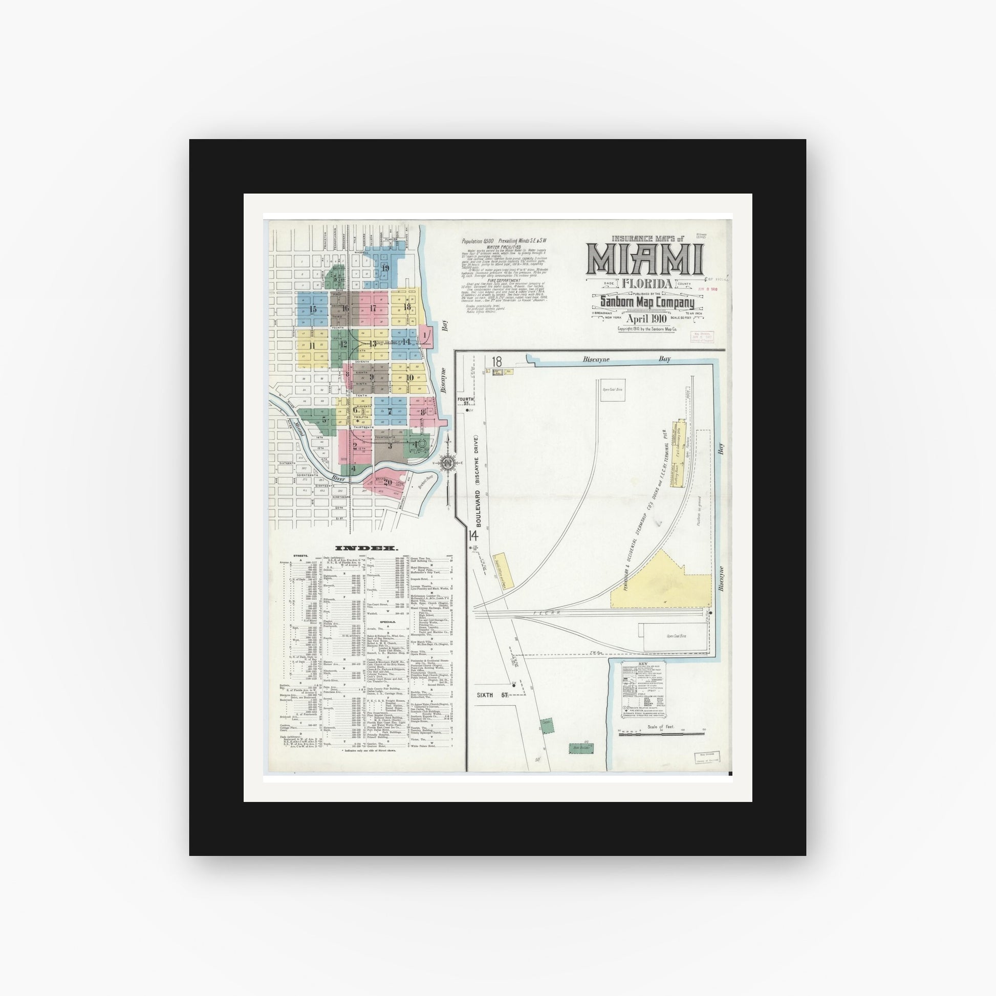 Old map wall art mockup — black gallery frame with white mat — Sanborn Fire Insurance Map from Miami, Dade County, Florida (1910), Sheet #0001