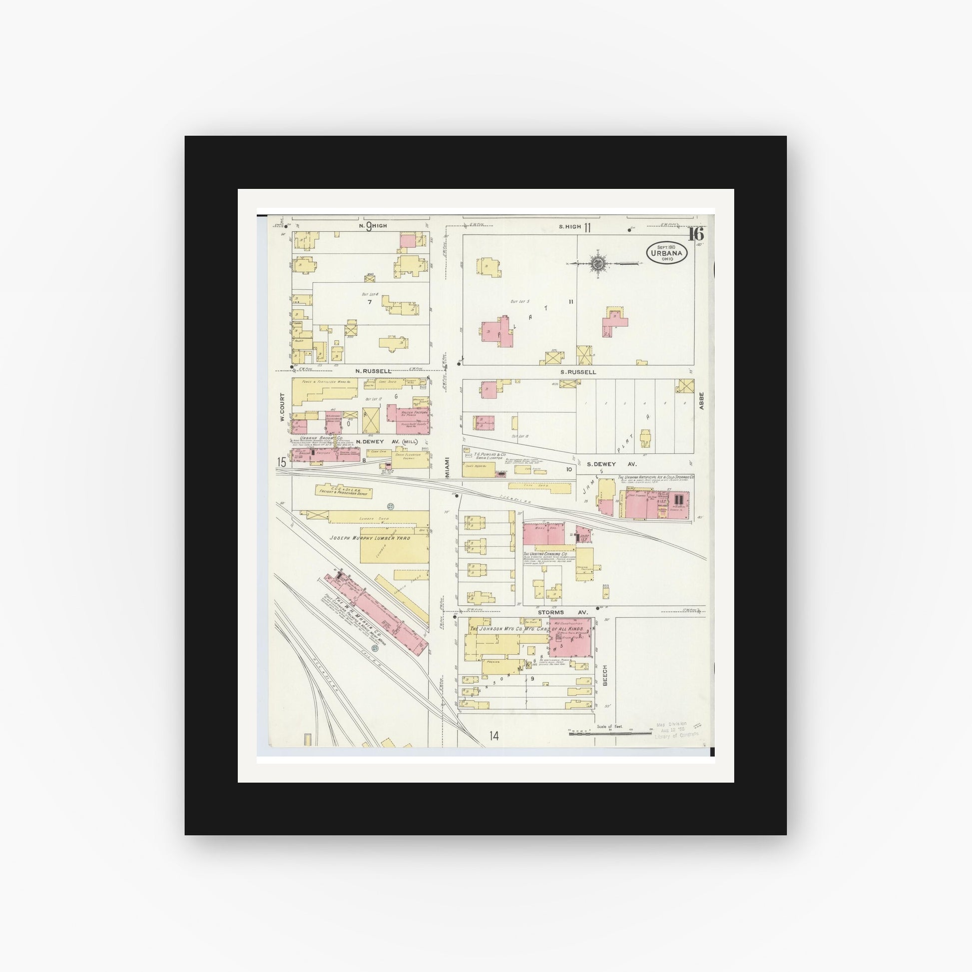 Old map wall art mockup — black gallery frame with white mat — Sanborn Fire Insurance Map from Urbana, Champaign County, Ohio (1910), Sheet #0016