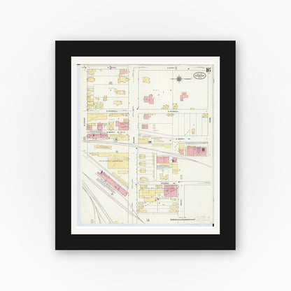 Old map wall art mockup — black gallery frame with white mat — Sanborn Fire Insurance Map from Urbana, Champaign County, Ohio (1910), Sheet #0016