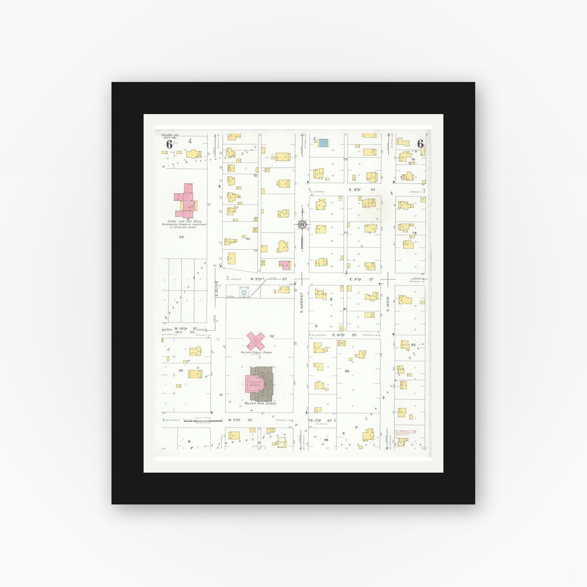 Old map wall art mockup — black gallery frame with white mat — Sanborn Fire Insurance Map from Holden, Johnson County, Missouri (1931), Sheet #0006