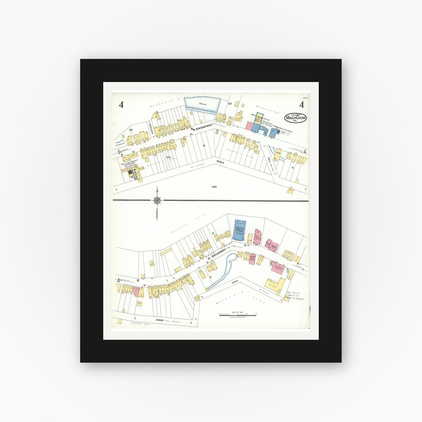 Old map wall art mockup — black gallery frame with white mat — Sanborn Fire Insurance Map from Mauch Chunk, Carbon County, Pennsylvania (1923), Sheet #0004