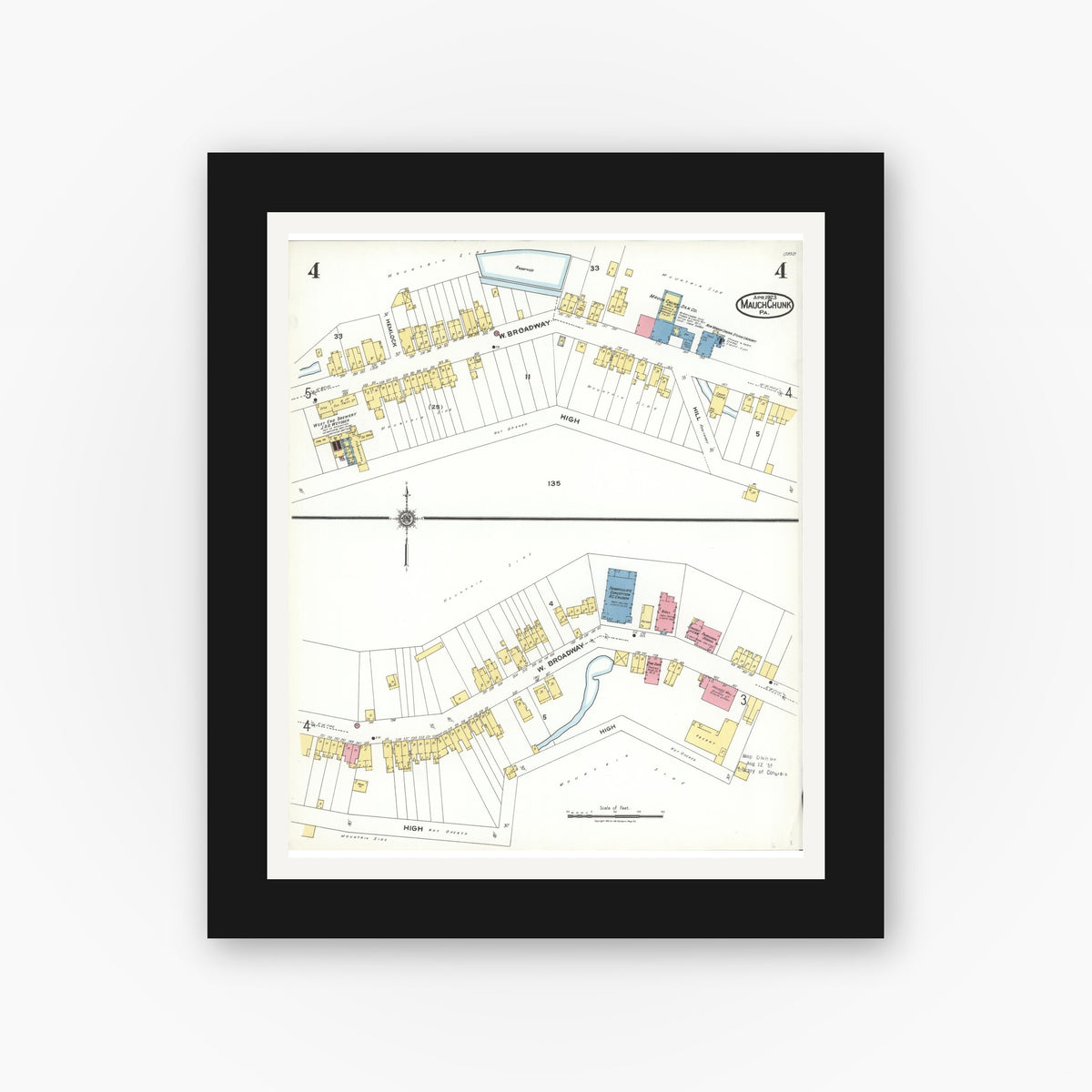 Old map wall art mockup — black gallery frame with white mat — Sanborn Fire Insurance Map from Mauch Chunk, Carbon County, Pennsylvania (1923), Sheet #0004