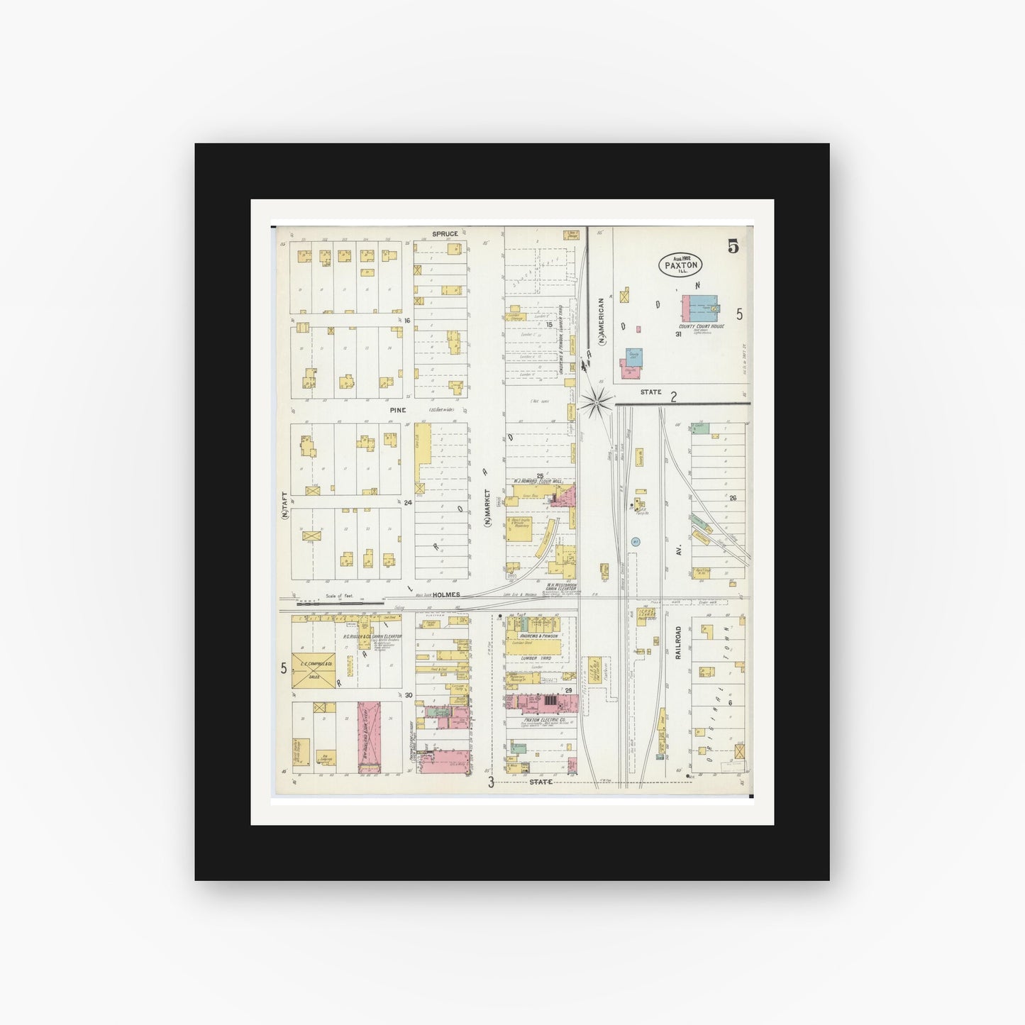 Old map wall art mockup — black gallery frame with white mat — Sanborn Fire Insurance Map from Paxton, Ford County, Illinois (1902), Sheet #0005