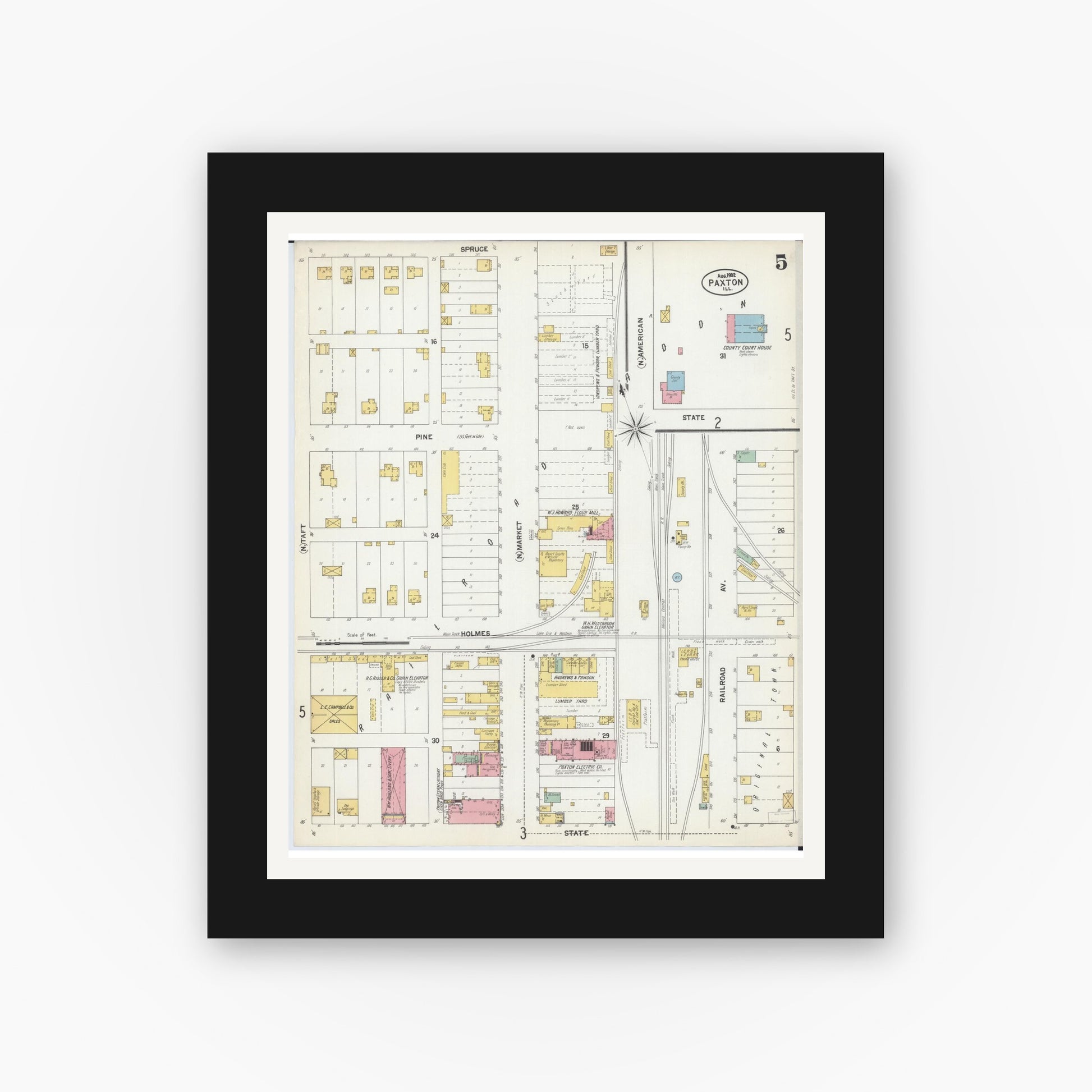 Old map wall art mockup — black gallery frame with white mat — Sanborn Fire Insurance Map from Paxton, Ford County, Illinois (1902), Sheet #0005