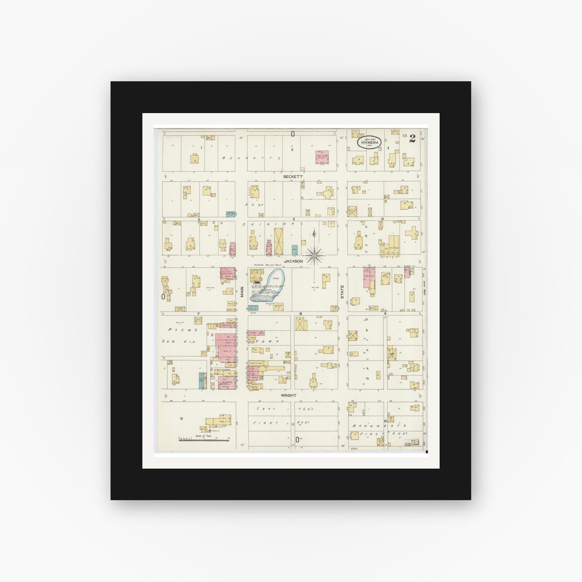 Old map wall art mockup — black gallery frame with white mat — Sanborn Fire Insurance Map from Hymera, Sullivan County, Indiana (1904), Sheet #0002