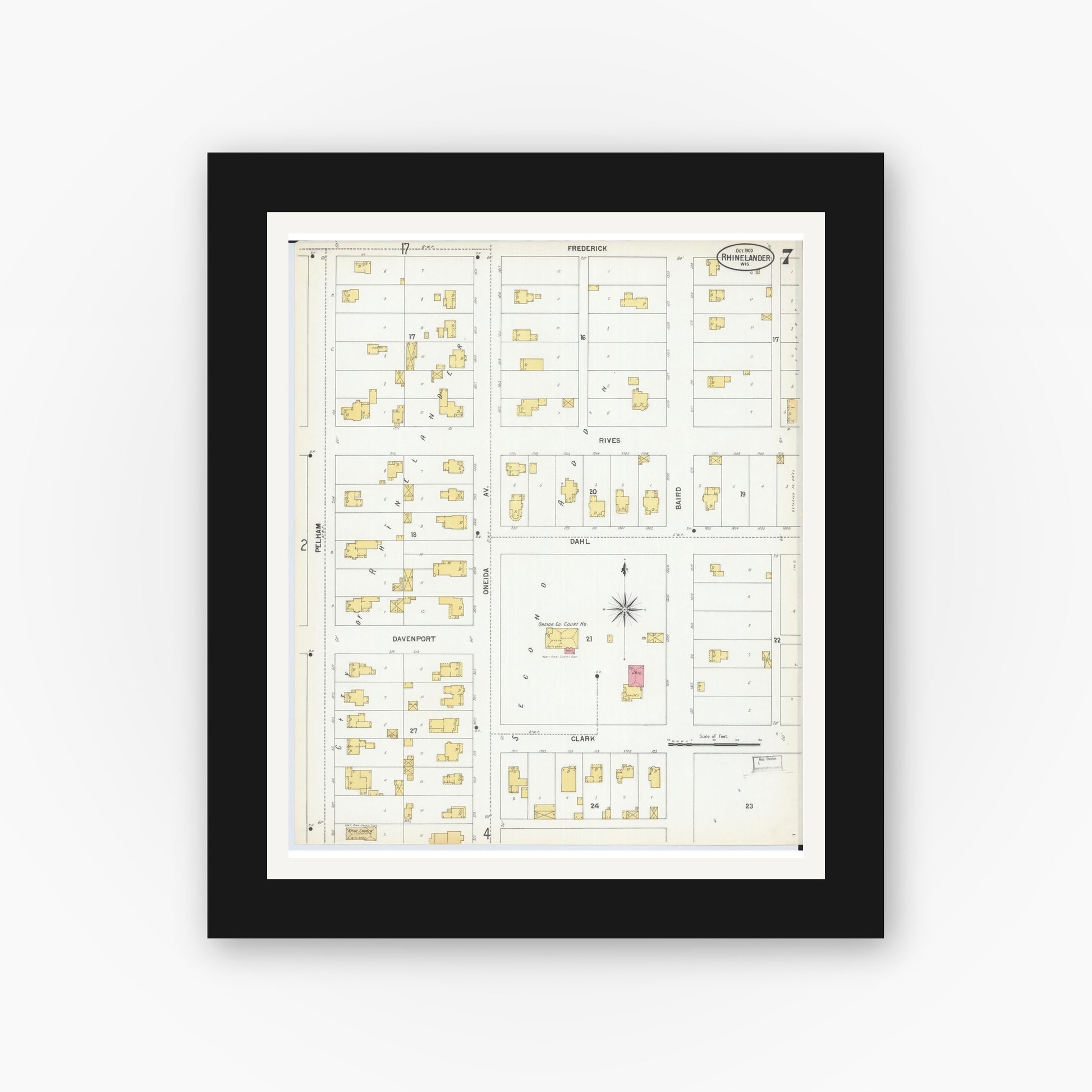 Old map wall art mockup — black gallery frame with white mat — Sanborn Fire Insurance Map from Rhinelander, Oneida County, Wisconsin (1900), Sheet #0007