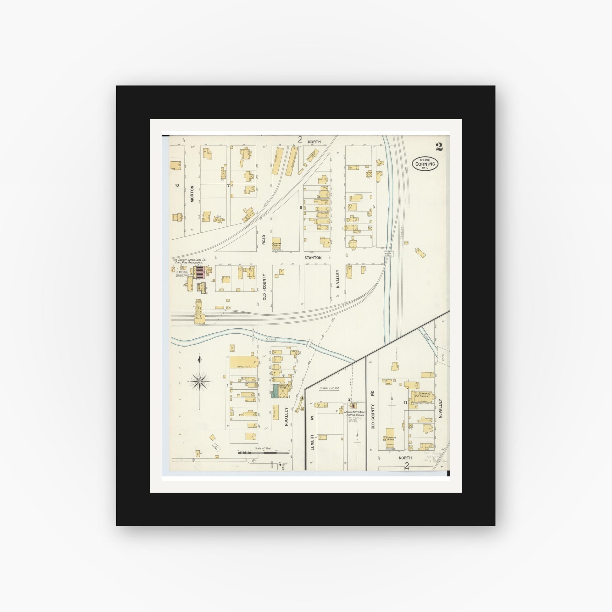 Old map wall art mockup — black gallery frame with white mat — Sanborn Fire Insurance Map from Corning, Perry County, Ohio (1900), Sheet #0002