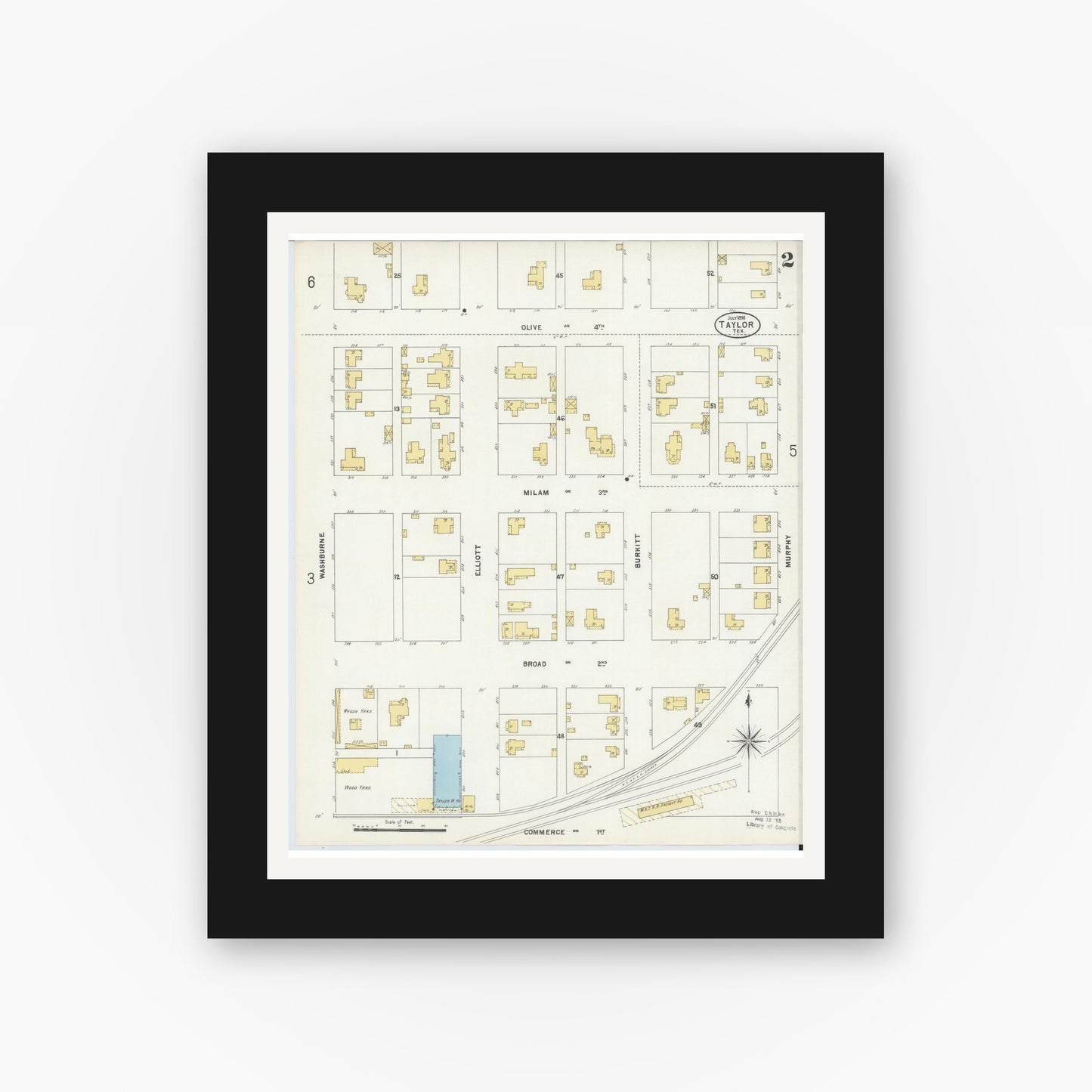 Old map wall art mockup — black gallery frame with white mat — Sanborn Fire Insurance Map from Taylor, Williamson County, Texas (1898), Sheet #0002