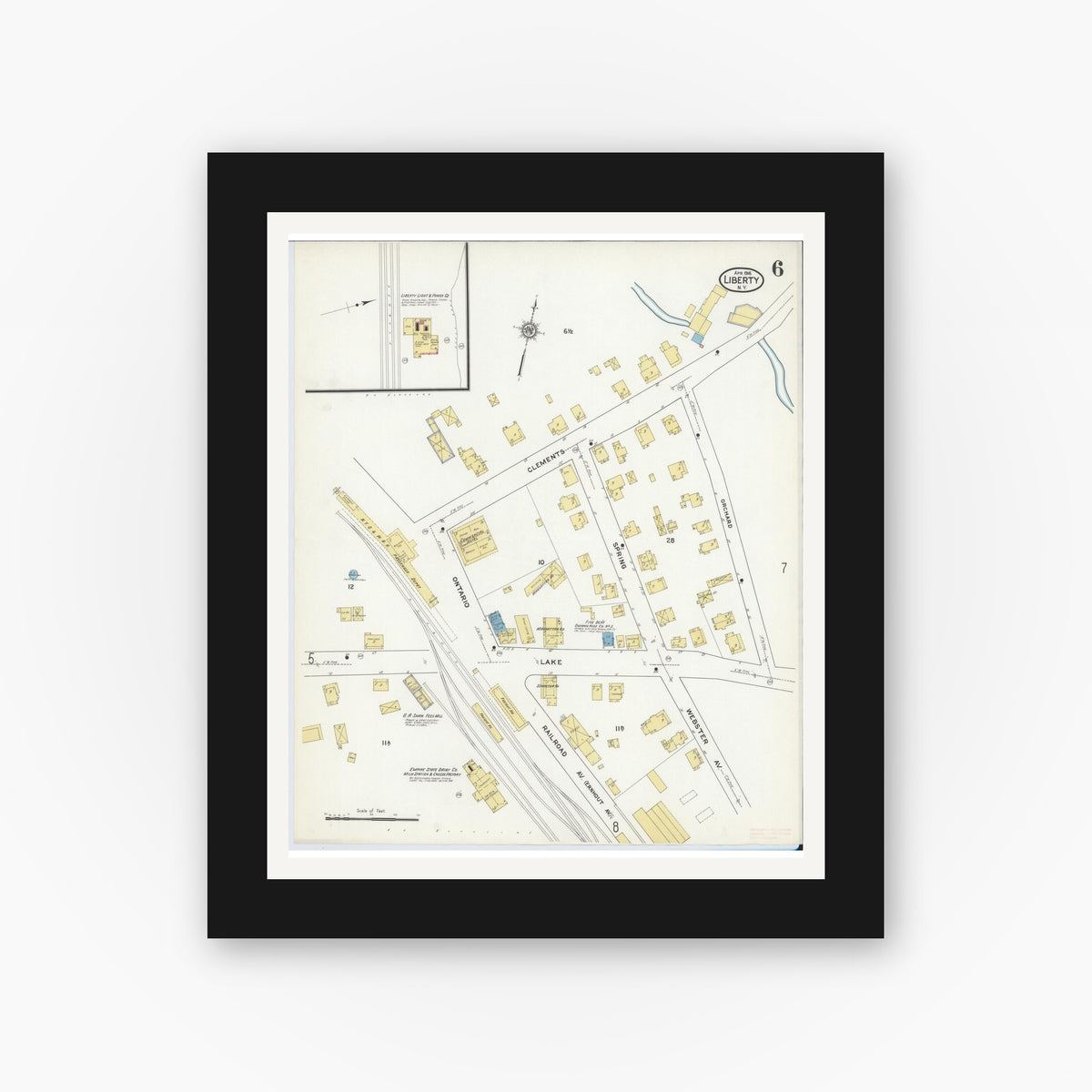 Old map wall art mockup — black gallery frame with white mat — Sanborn Fire Insurance Map from Liberty, Sullivan County, New York (1916), Sheet #0006