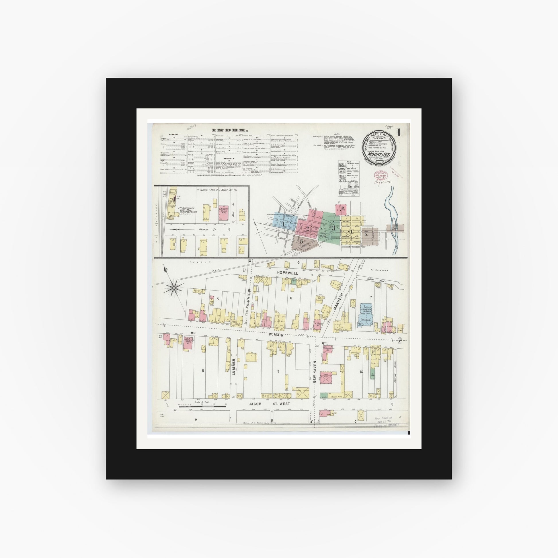 Old map wall art mockup — black gallery frame with white mat — Sanborn Fire Insurance Map from Mount Joy, Lancaster County, Pennsylvania (1896), Sheet #0001
