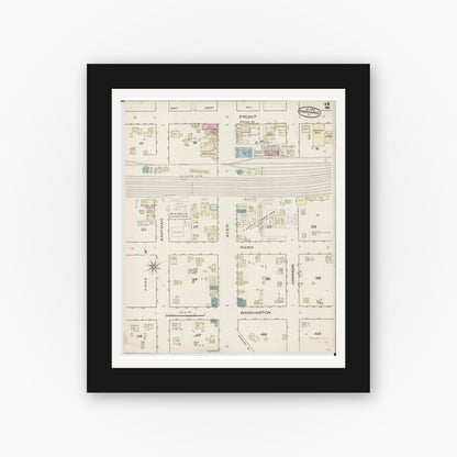 Old map wall art mockup — black gallery frame with white mat — Sanborn Fire Insurance Map from Harvard, McHenry County, Illinois (1885), Sheet #0002