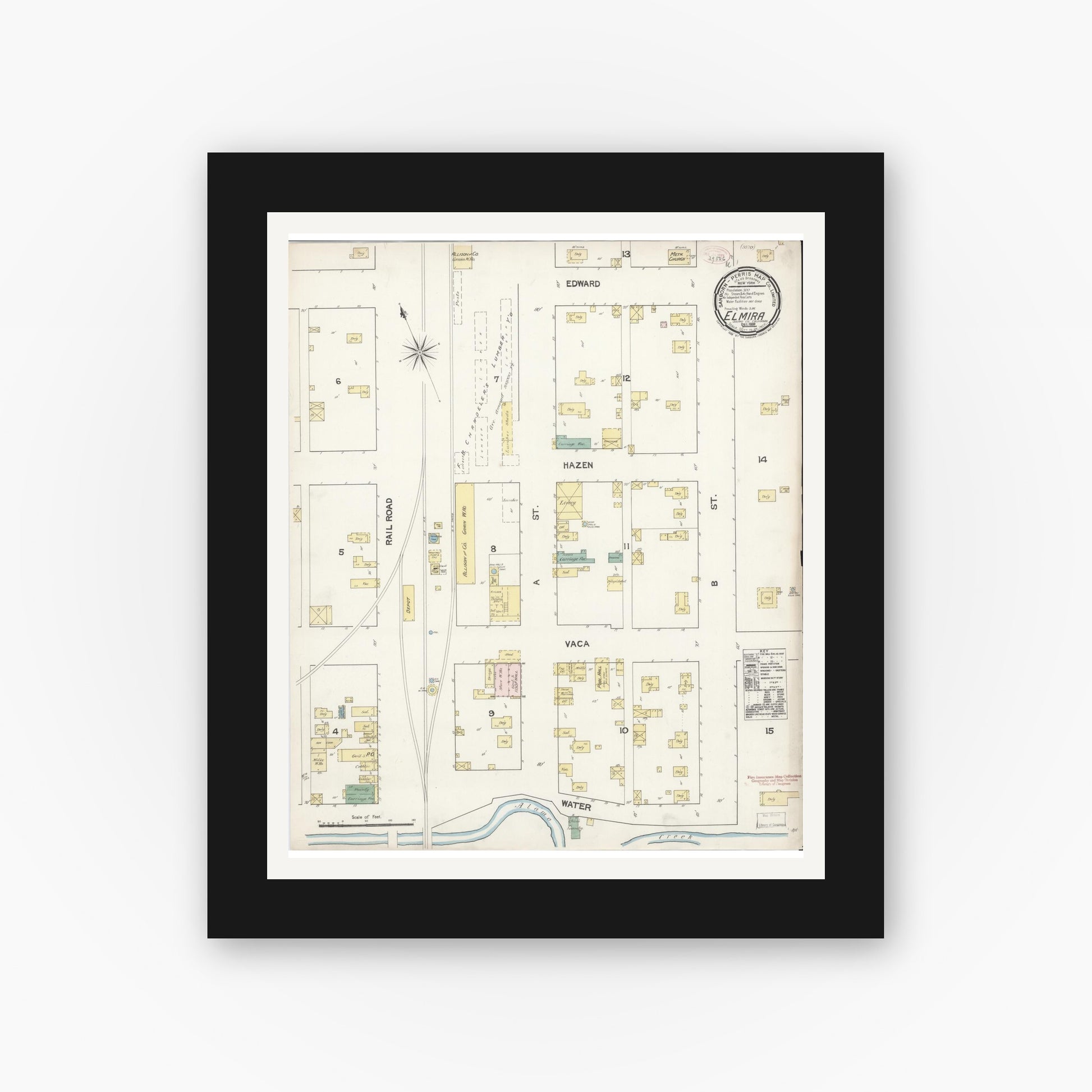 Old map wall art mockup — black gallery frame with white mat — Sanborn Fire Insurance Map from Elmira, Solano County, California (1889), Sheet #0001